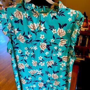 Ann Taylor Factory Floral Ruffle Blouse - Teal and White
